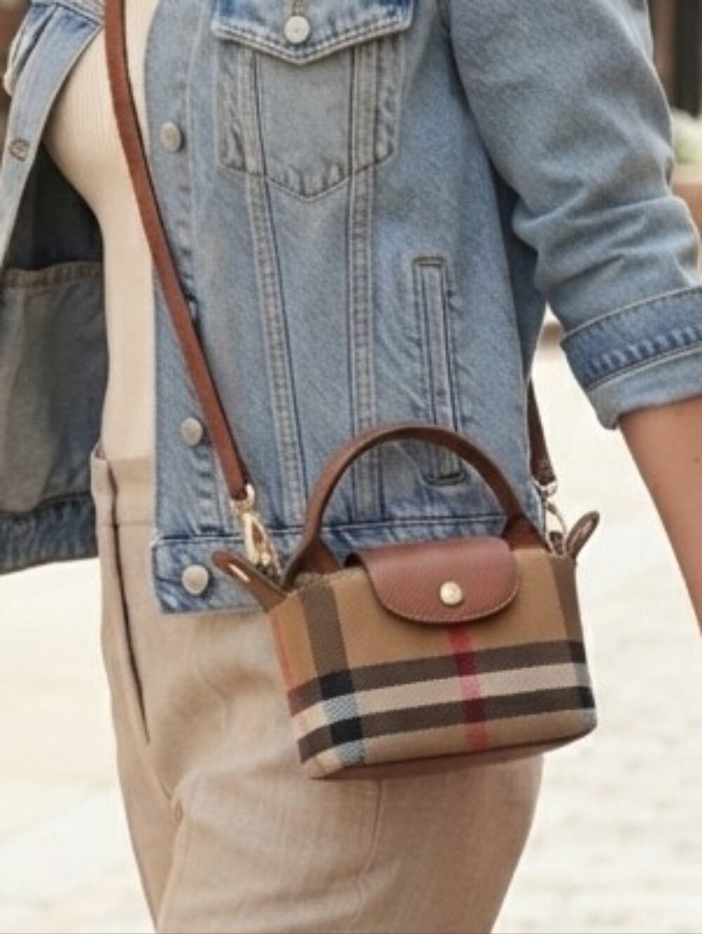 Source Unknown Beige Plaid Mini Crossbody with Brown Trim